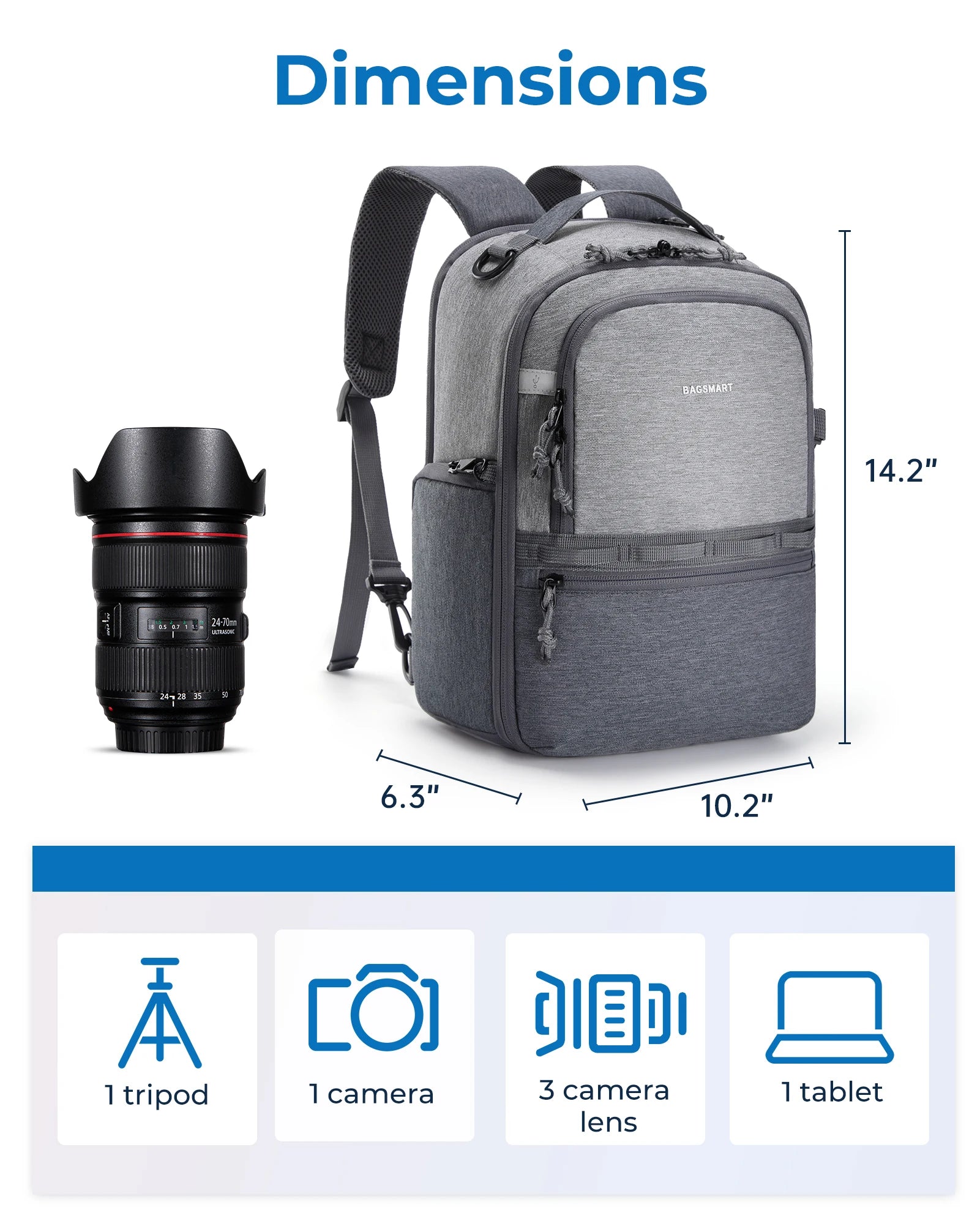 Sac à dos pour appareil photo BAGSMART pour photographes DSLR SLR Sacs à dos pour appareil photo Sac à dos étanche pouvant accueillir jusqu'à 12,9" iPad avec support pour trépied