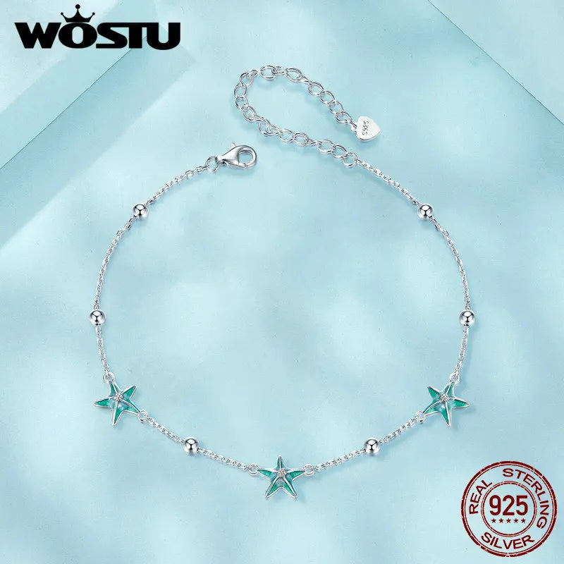 WOSTU Bracelet de cheville en argent sterling 925 avec étoile de mer bleu-vert plaqué or blanc réglable pour femme Bijoux fins Cadeau quotidien de fête