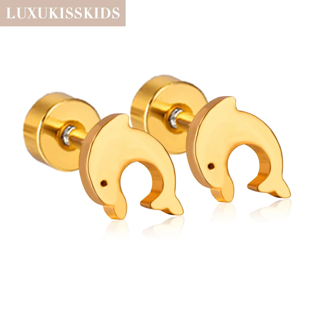 LUXUKISSKIDS Klassische Edelstahl-Ohrstecker mit Delfinmotiv für Damen/Mädchen, Schraubverschluss, vergoldeter Modeschmuck