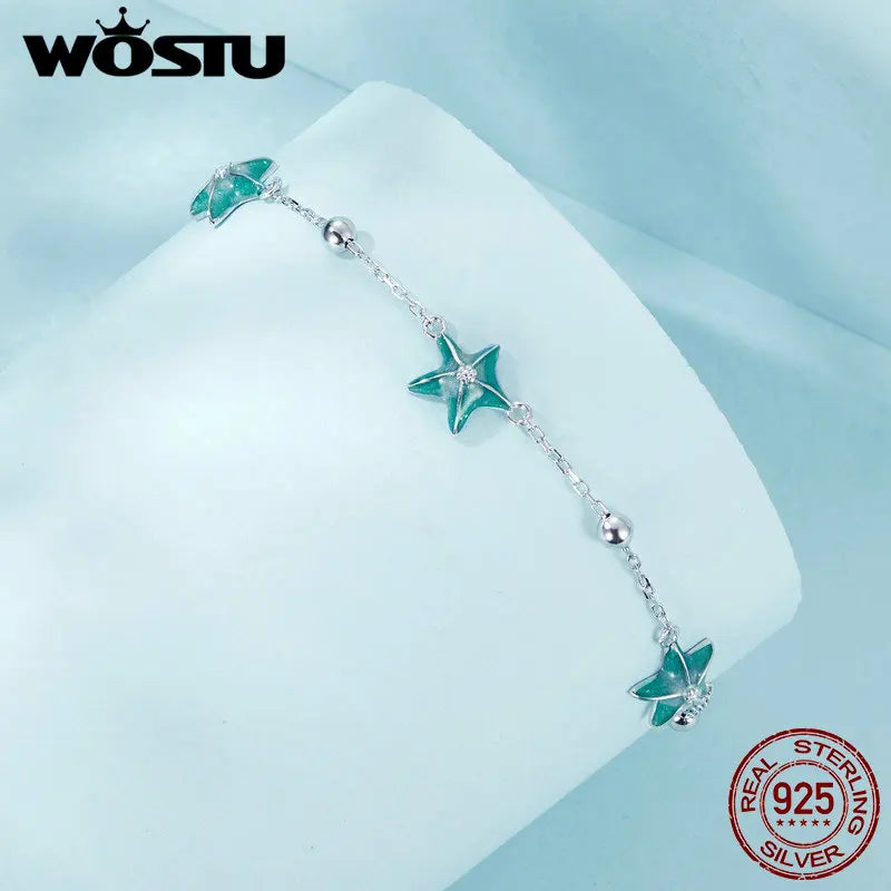WOSTU Bracelet de cheville en argent sterling 925 avec étoile de mer bleu-vert plaqué or blanc réglable pour femme Bijoux fins Cadeau quotidien de fête
