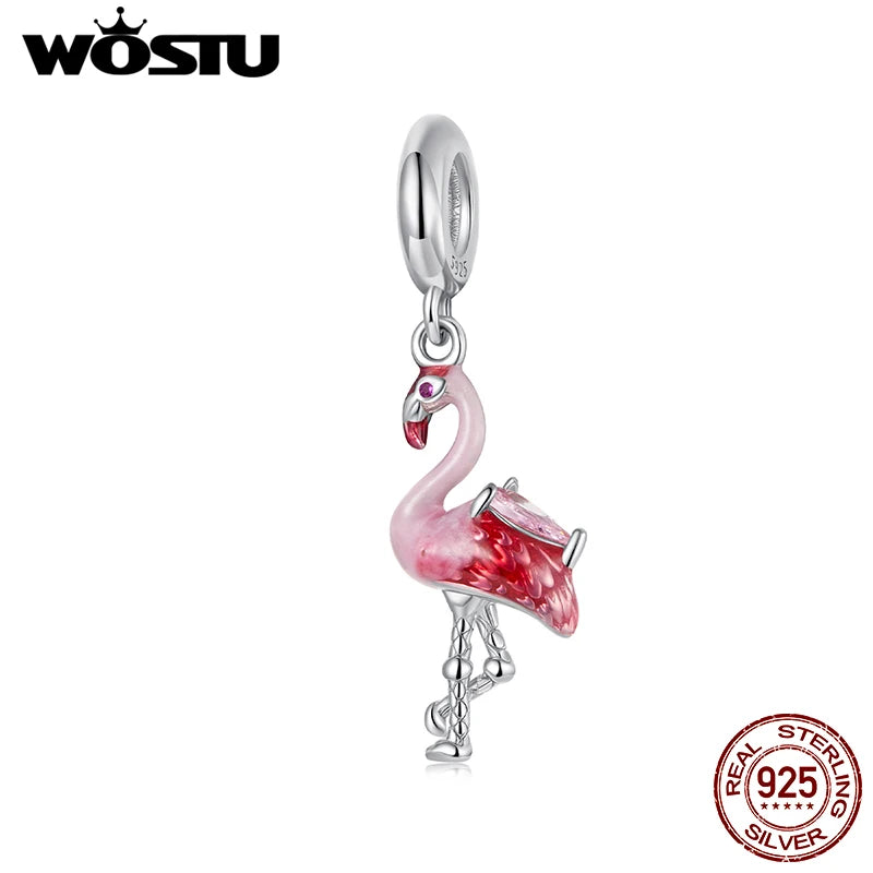 WOSTU Solid 925 Sterling Silver Flamingo Pendant Red Bird Charm Fit DIY Bracelet Necklace Summer Beach Jewelry Series