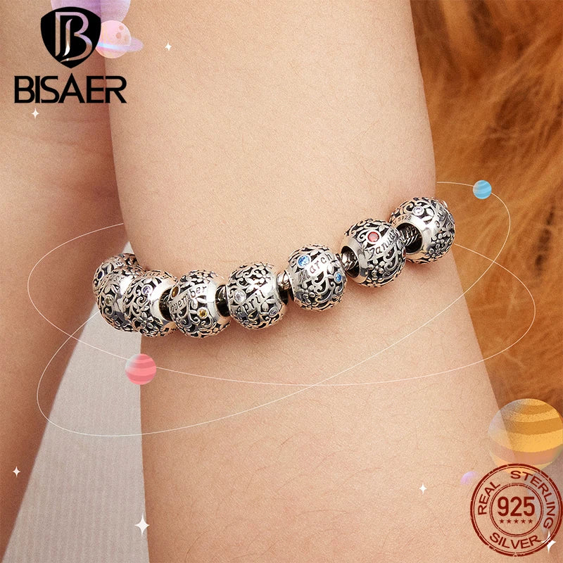 BISAER 925 Sterling Silver Birthstone Charms Multi-color Zircon Round Beads Fit Women Birthday Party Bracelets DIY Jewelry Gift