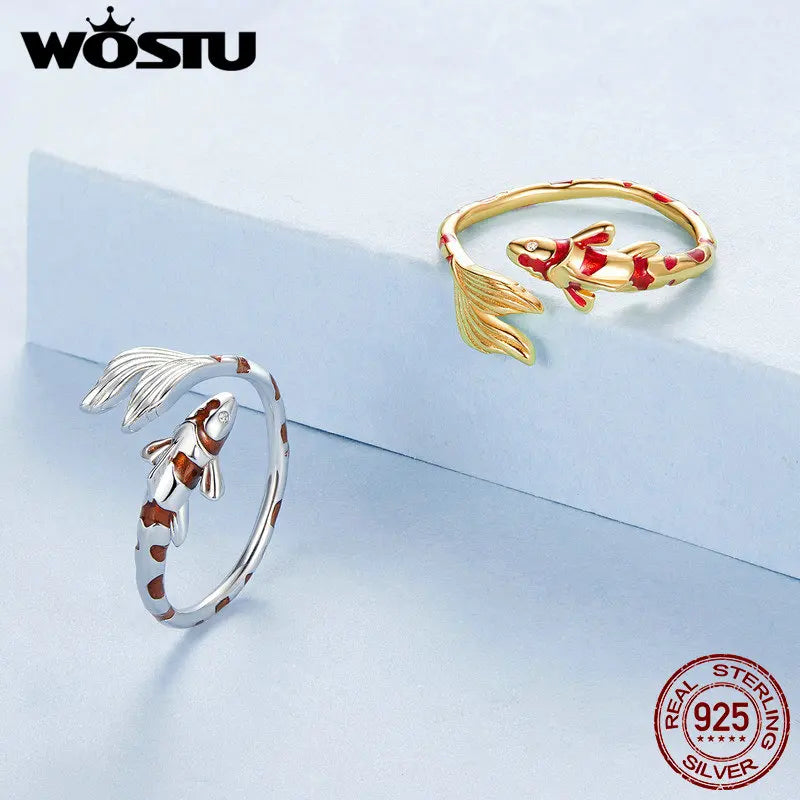 WOSTU 925 Sterling Silver Koi Open Ring 18K Gold-Plated Lucky Ring for Women Party Gift Fine Jewelry Original Certified Ring