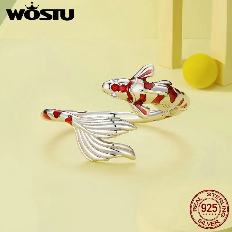 WOSTU 925 Sterling Silver Koi Open Ring 18K Gold-Plated Lucky Ring for Women Party Gift Fine Jewelry Original Certified Ring