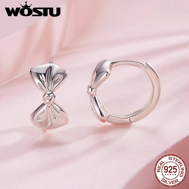 WOSTU 925 Sterling Silver Classical Bowknot Hoop Earrings For Women Sweet 18K Gold Bow Knot Ear Hoops Buckles Girl Birthday Gift