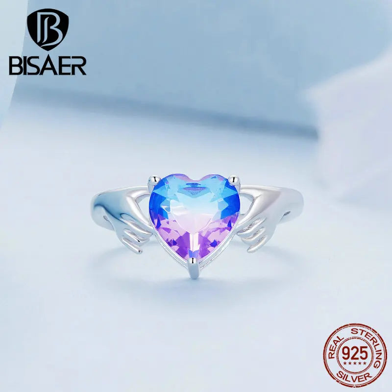 BISAER 925 Sterling Silber Herz Ring Vergoldet Platin Hände Versprechen Ringe Gradient Bunte Für Frauen Partei Edlen Schmuck EFR345