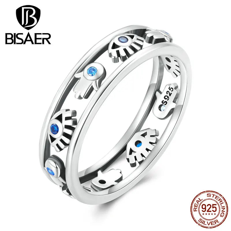 BISAER 925 Sterling Silver Blue Evil Eyes & Hand Fatima Ring Hollow Symbol Lucky Band For Women Party Original Fine Jewelry Gift