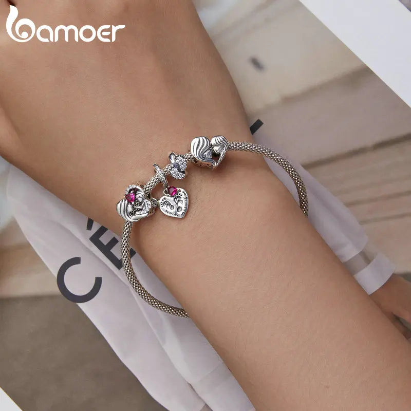 Bamoer Real 925 Sterling Silver Heart Beads Charm Mother & Daughter Pendant for Mom Fit Bracelet Necklace Mother's Day Jewelry