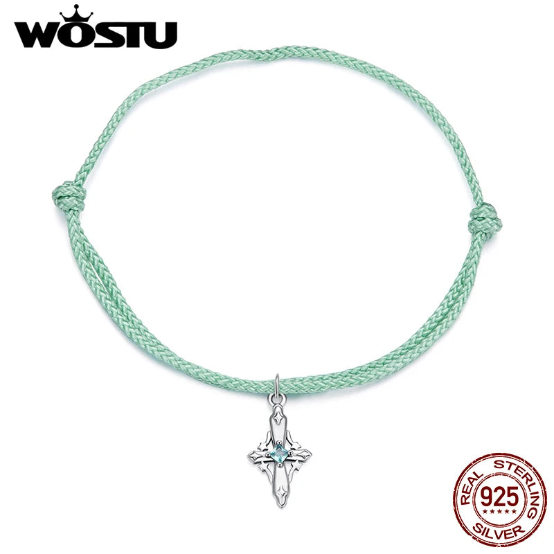 WOSTU 2025 New 925 Sterling Silver Green Rope Bracelet Funny Star Cross Adjustable Hand Rope for Women All-match Jewelry Gift