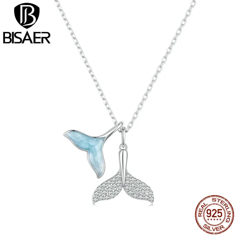Collier pendentif queue de baleine bleue en argent sterling 925 BISAER chaîne animal océan plaqué platine pour femmes bijoux de fête de plage