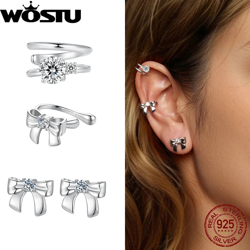 WOSTU Moissanite Bowknot Ear Clips Bow Wedding Stud Earrings For Women s925 Silver Lab Diamond Engagement Jewelry Birthday Gift