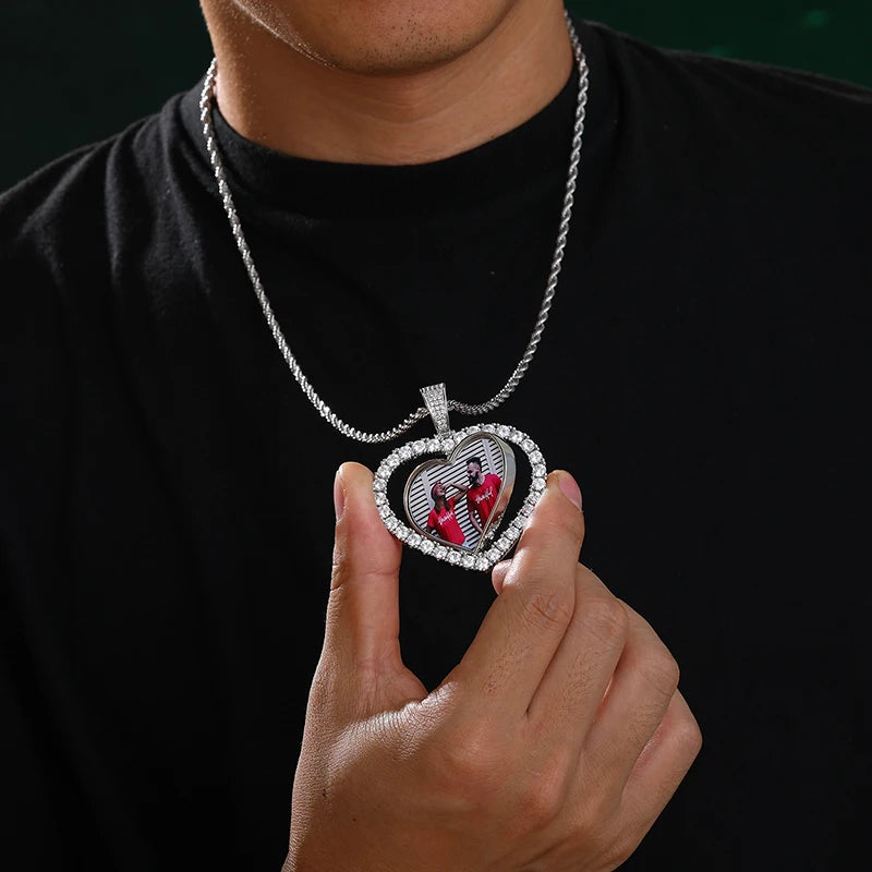 Custom Made Copper Cubic Zirconia Pendant Memory Medallions Double-Sided Photo Heart Pendant Necklace For Men Hip Hop Jewelry