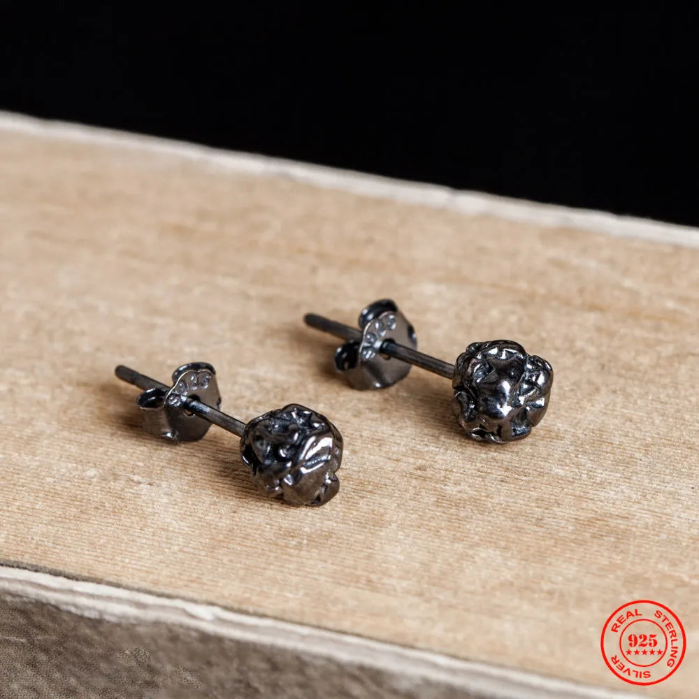 MKENDN Vintage 925 Sterling Silver Men Sugar Paper Ball Stud Earrings Oxidized Black Woman Hypoallergenic All-match Ear Jewelry