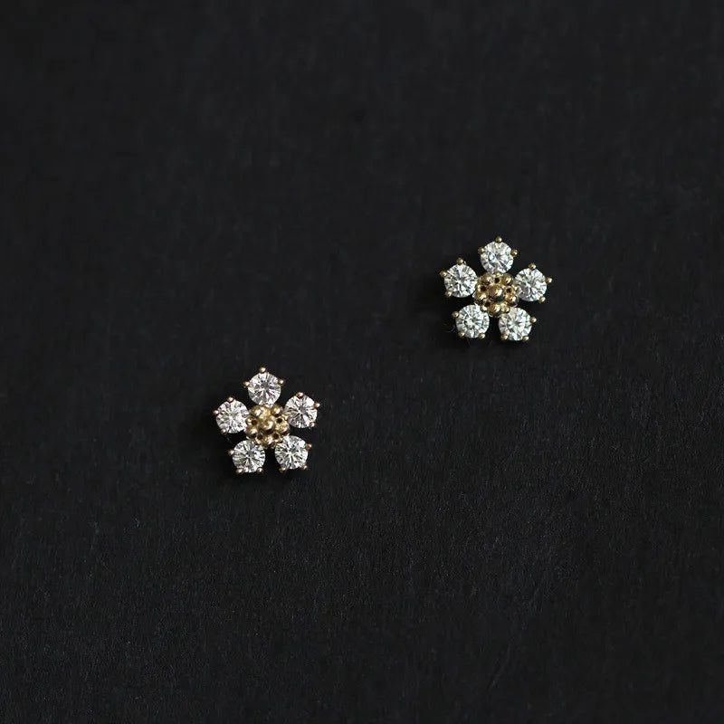 925 Sterling Silver Boho Pavé Diamond Small Flower Plating 14k Gold Earrings Women Summer Beach Casual Jewelry Accessories