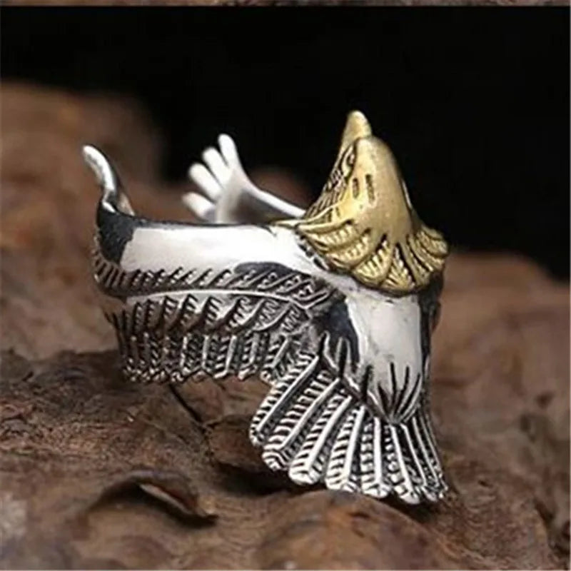 Buyee 925 Sterling Silber Einzigartiger großer Ringfinger Niedlicher goldener Adlerkopf Offener Ring für Männer Frauen Punk Tier Feiner Schmuck Kreis