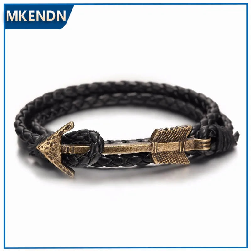 MKENDN New Arrival Multilayer charm leather Vintage Bronze Arrow bracelet anchor bracelet for men women lovers' gift