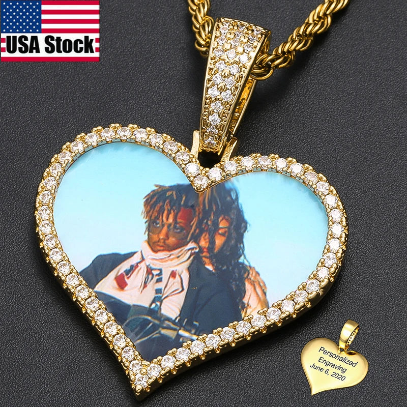 Heart Memory Medallions Custom Photo Pendant Necklace Chain For Mens Women Hip Hop Jewelry Personality Name Engraved Custom Gift