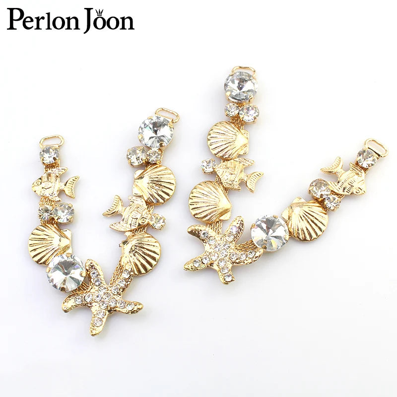 1 pair of golden sea style V-chain beach shoes rhinestone metal Seashell starfish decorative accessories XL002