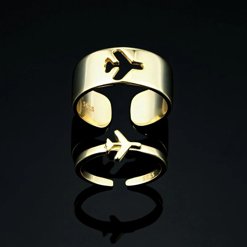 Real 925 Sterling Silver Airplane Couple Ring For Women Men Pilot & Flight Open Ring Engagement Wedding Set Aviation Lover Gift