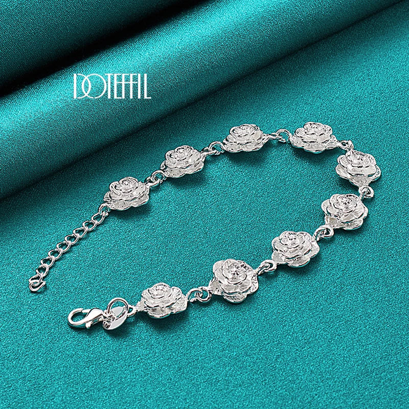 DOTEFFIL 925 Sterling Silver Full Rose Flower Chain Bracelet For Women Wedding Engagement Party Fashion Charm Jewelry - Madeinsea©