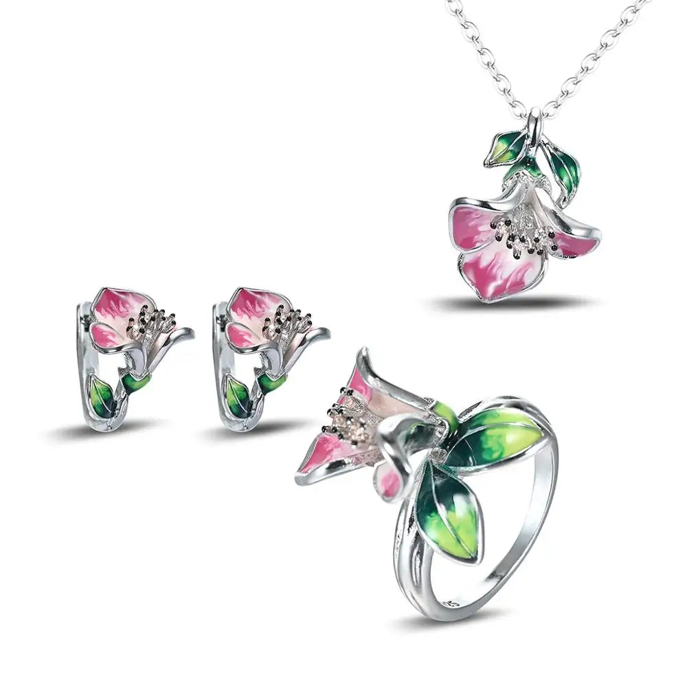 Foydjew European American Fashion Silver Color Epoxy Resin Jewelry Sets Women's Cloisonne Flower Earrings Pendant Necklaces Ring