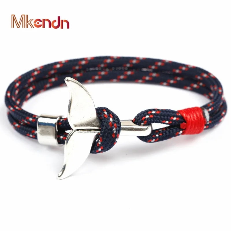 MKENDN Fashion Whale Tail Anchor Bracelets Men Women Charm Nautical Survival Rope Chain Paracord Bracelet Male Wrap Metal Hooks