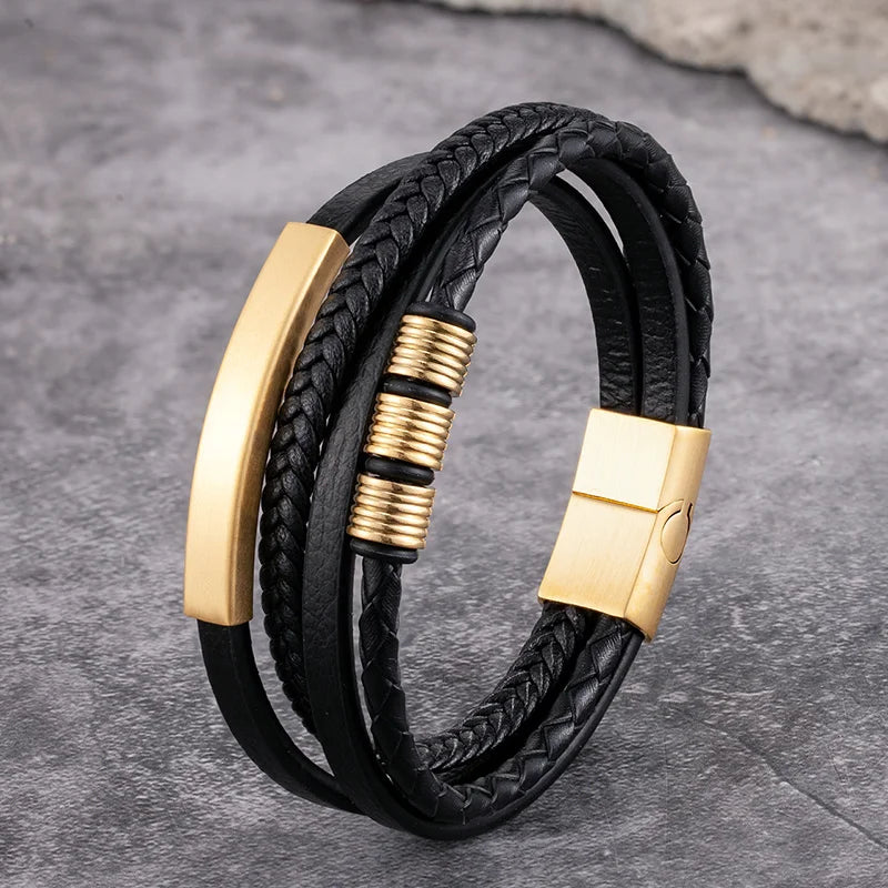 MKENDN Punk Men Multilayer Braid Genuine Leather Bracelet Titanium Stainless Steel Magnetic Buckle Bracelet Homme Pulseras - Madeinsea©