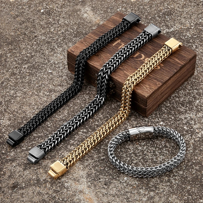 MKENDN Vintage Oxidized Cool Double Curb Chain Bracelets for Men Stainless Steel Punk Antique Cubic Magnic Clasp Male Pulseira - Madeinsea©