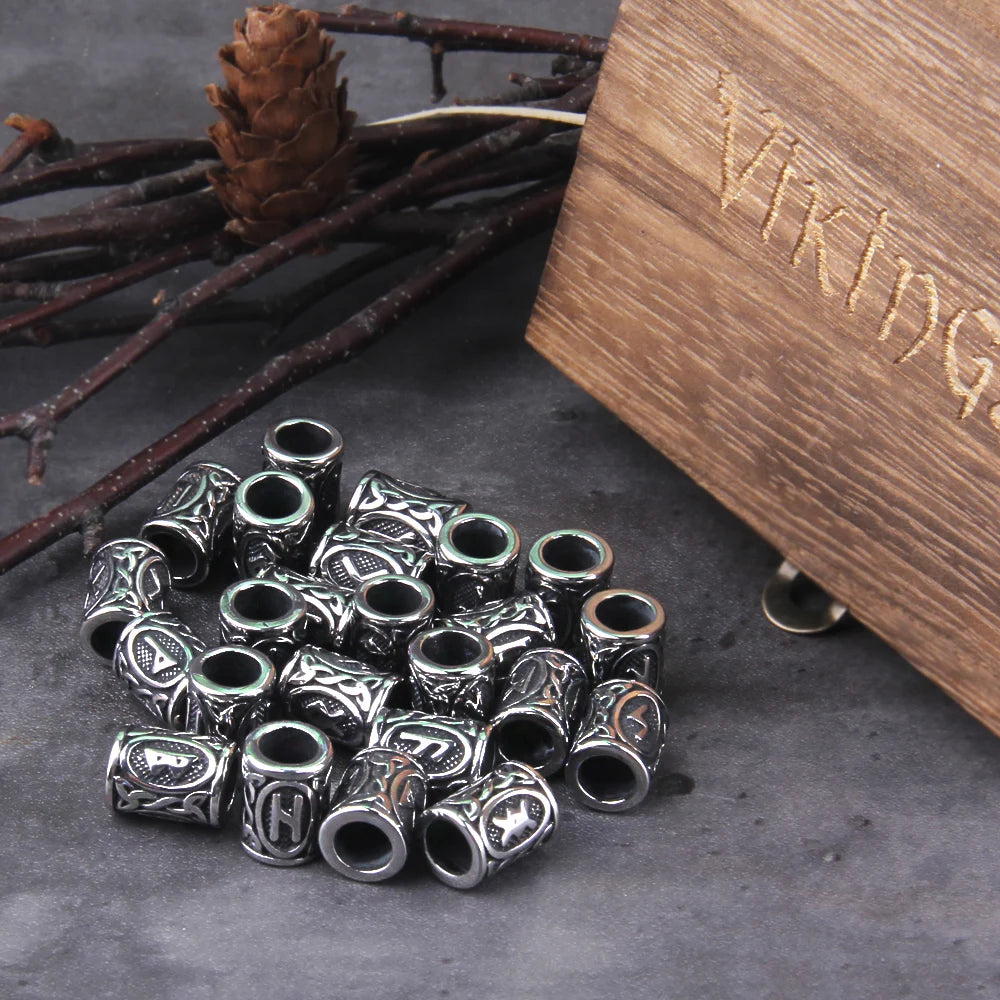 Stainless Steel 24pcs/lot Viking Runes Beads Charms (with wooden box)