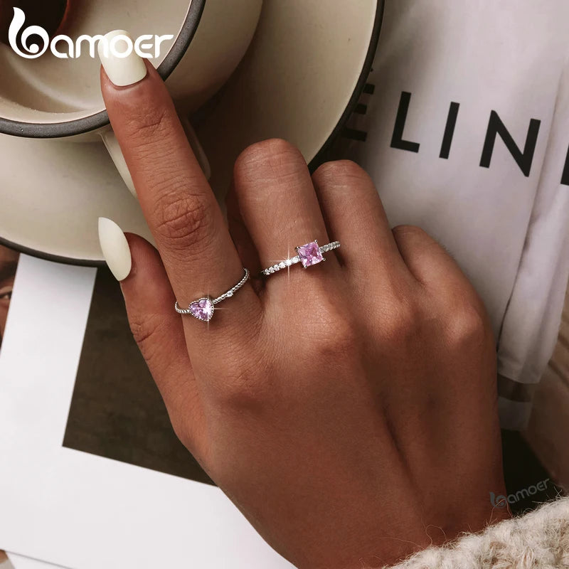 Bamoer Echt 925 Sterling Silber Rosa Liebe CZ Ring Für Mode Frauen Nette Edlen Schmuck Hochzeit Zubehör Geschenk BSR157