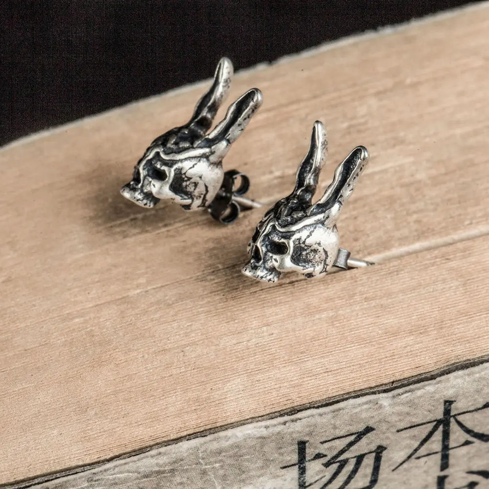 MKENDN 100% 925 Sterling Silver Creative Retro Rabbit Stud Earrings Punk Street Style Men Women Halloween Ear Jeweley