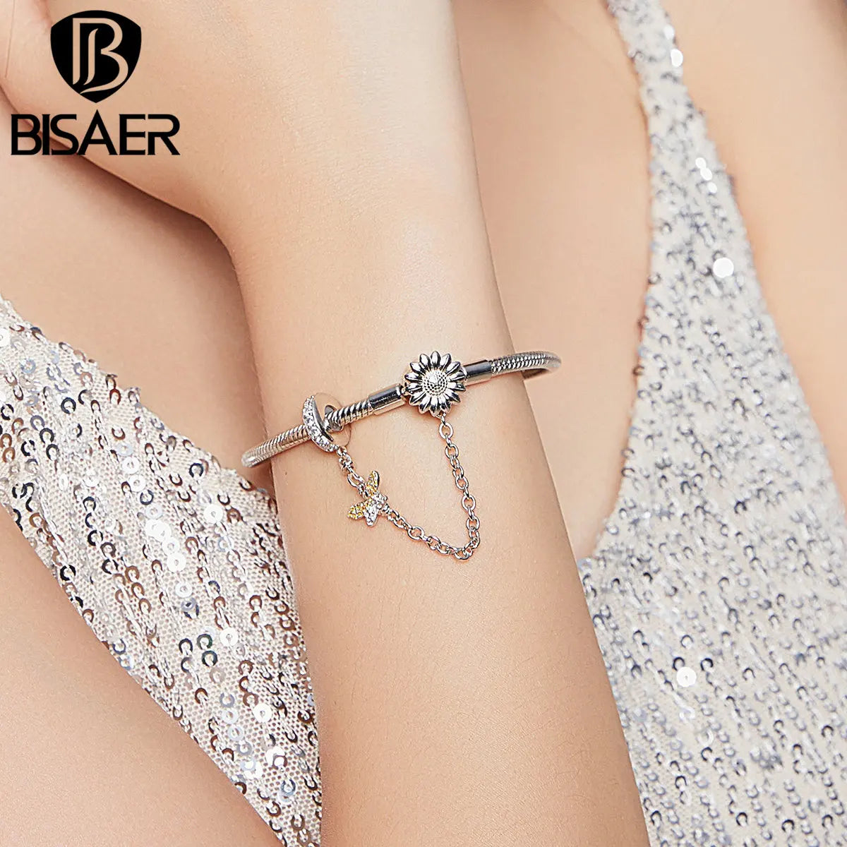 Bracelet en argent sterling 925 BISAER avec chaîne de sécurité en forme de marguerite et d'abeille, plaqué or blanc, accessoires de bijoux fins
