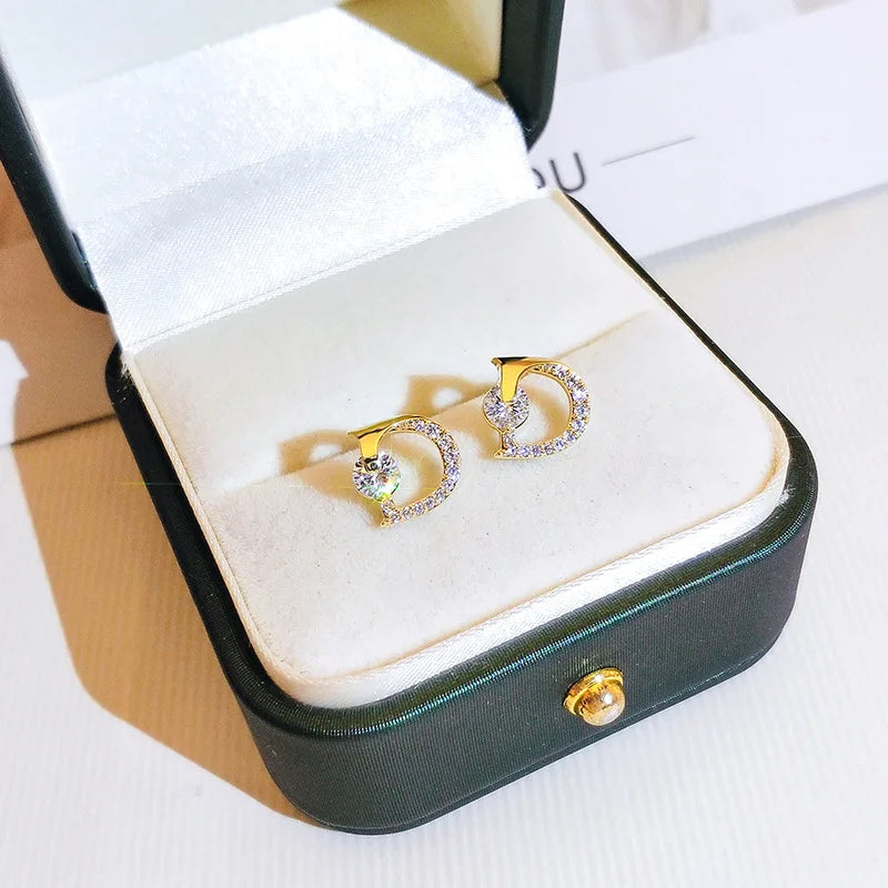 Romantic 14K Gold Plated Fashion D Stud Earrings Japanese&Korea Delicate Jewelry Zircon Earrings for Women Aretes De Plata 925