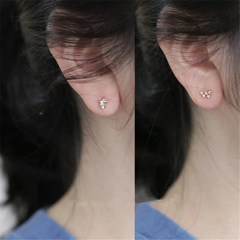 925 Sterling Silver Japanese Asymmetric Star Stud Earrings Women Modern Simple Student Party 14k Gold Plating Jewelry Gift