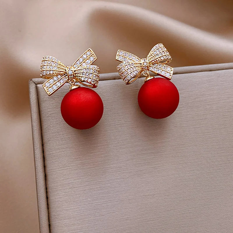Fashion Crystal Bow Knot Stud Earrings For Women Pearl Cherry Flowers Rhinestone Red Earring Girls Party Christmas Jewelry Gifts