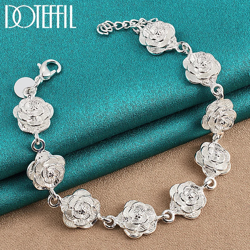 DOTEFFIL 925 Sterling Silver Full Rose Flower Chain Bracelet For Women Wedding Engagement Party Fashion Charm Jewelry - Madeinsea©