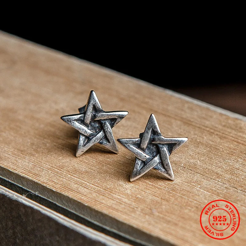 MKENDN Vintage 100% 925 Sterling Silver Creative Star Stud Earring Men Women Trendy Street Punk Style Ear Pin Gothic Jewelry