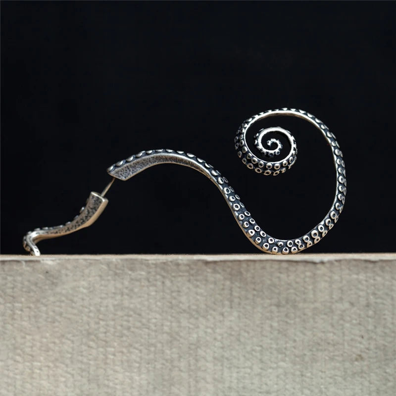MKENDN Antike 925 Sterling Silber Piercing Ohrringe Big Octopus Fuß Punk Manschette Tentakel Ohrstecker Punk Gothic Street Schmuck