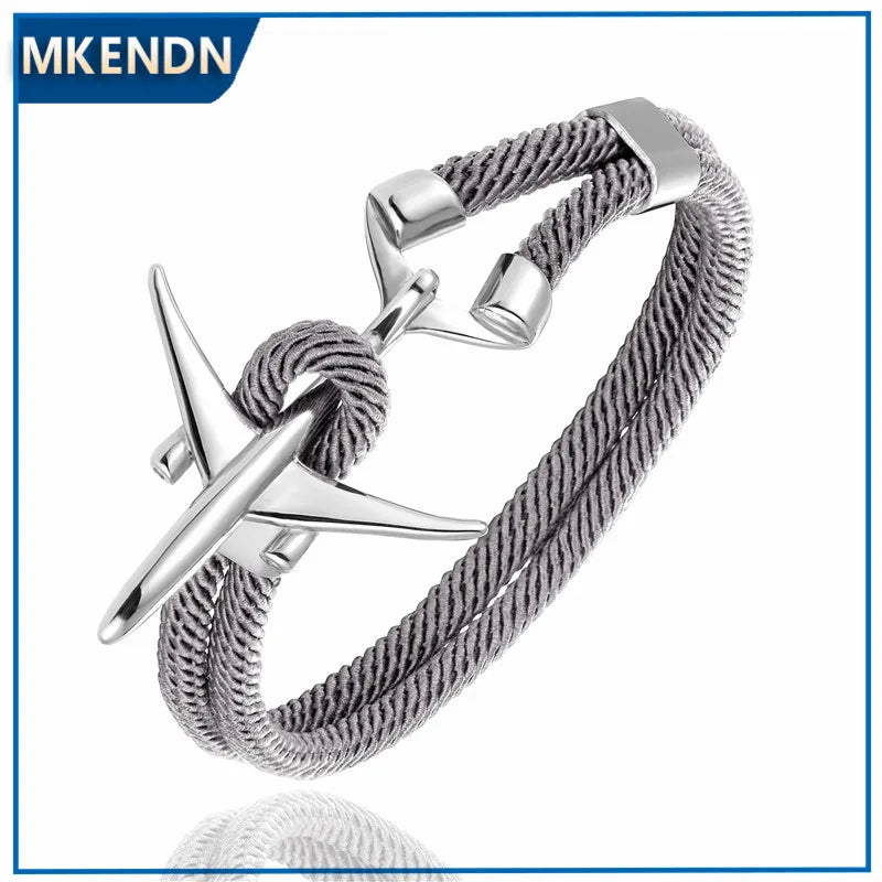 MKENDN Fashion Stainless Steel Airplane Glider Anchor Rope Leather flight Bracelets Men Women aviator Style