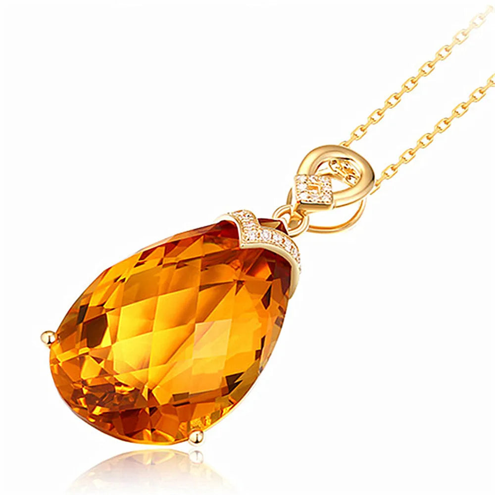 Luxury big carats water drop crystal citrine gemstones diamonds pendant necklaces for women 14k gold color jewelry bijoux gifts - Madeinsea©
