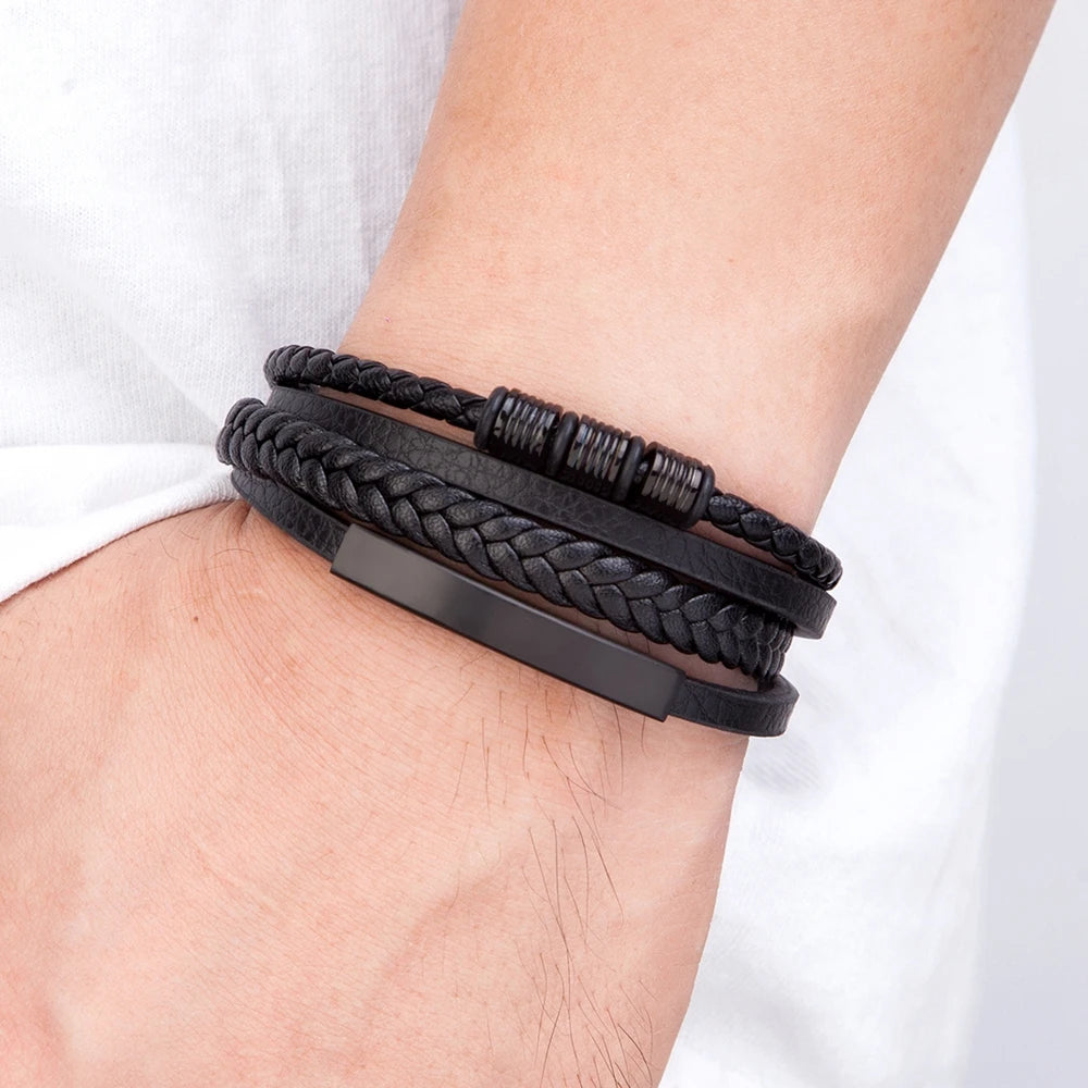 TYO New Stainless Steel Black Multilayer Genuine Leather Bracelet For Men Magnetic Clasp Button Vintage Braid Bangle Jewelry