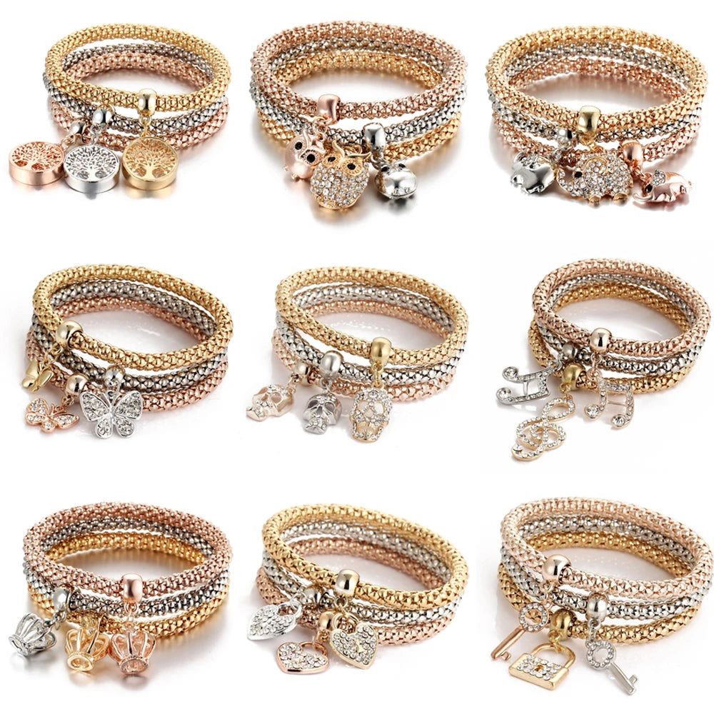 3Colors/Lot Tree Of Life Elastic Bracelet Set For Women Crystal Owl Key Lock Music Note Owl Butterfly Heart Charm Bangle Jewelry