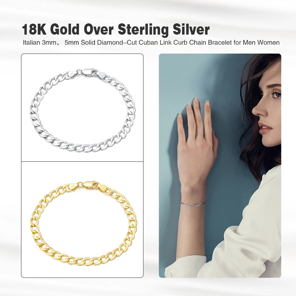 Rinntin 18K Gold Over 925 Sterling Silver 3mm Italian Cuban Chain Bracelet for Women Men Trendy Silver Bracelet Jewelry SB123 - Madeinsea©