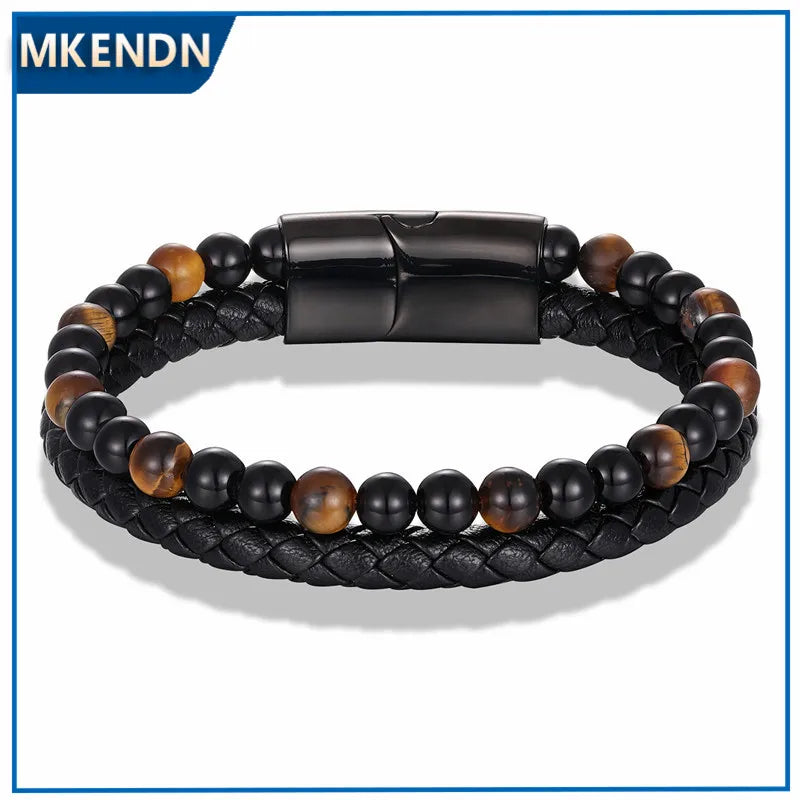 MKENDN New 6MM Tiger Eyes Stone Bracelets Handmade Woven Multilayer Leather Bracelets Magnetic Buckle Bangle Male Jewelry - Madeinsea©