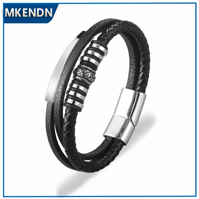 MKENDN Geometrically Irregular Graphics Stainless Steel Genuine Leather Bracelet Men Black/Brown Color Accessories Jewelry