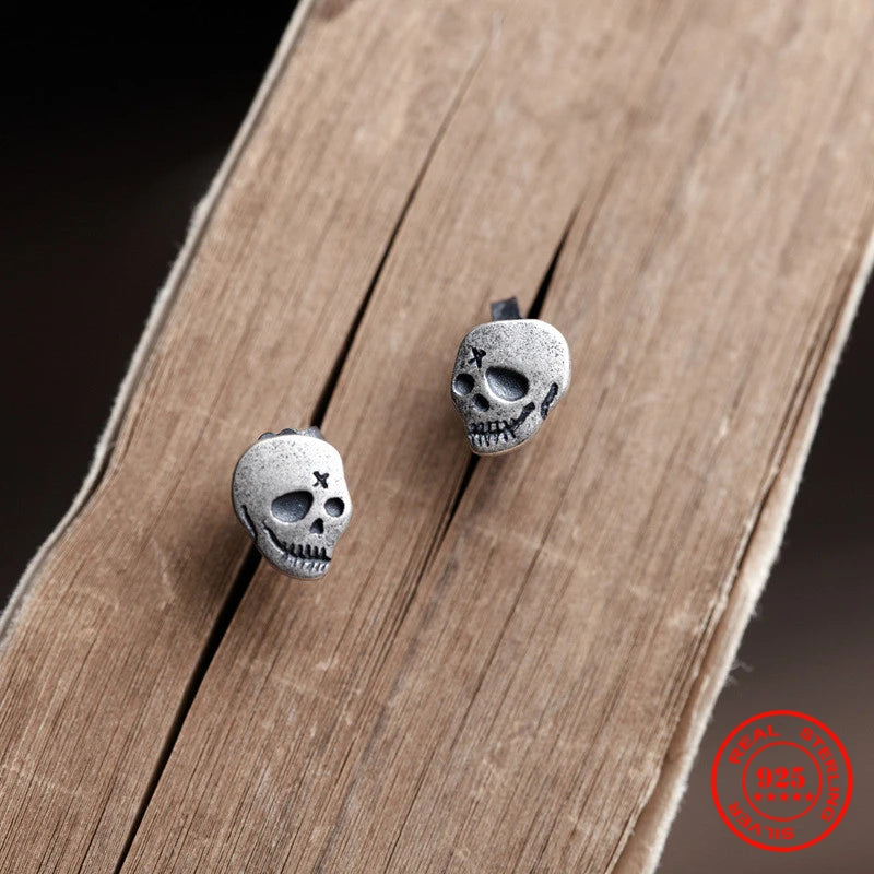 MKENDN Real 925 Sterling Silver Creative Retro Skull Stud Earring Trendy Street Gothic Punk Style For Men Women Fine Jewelry