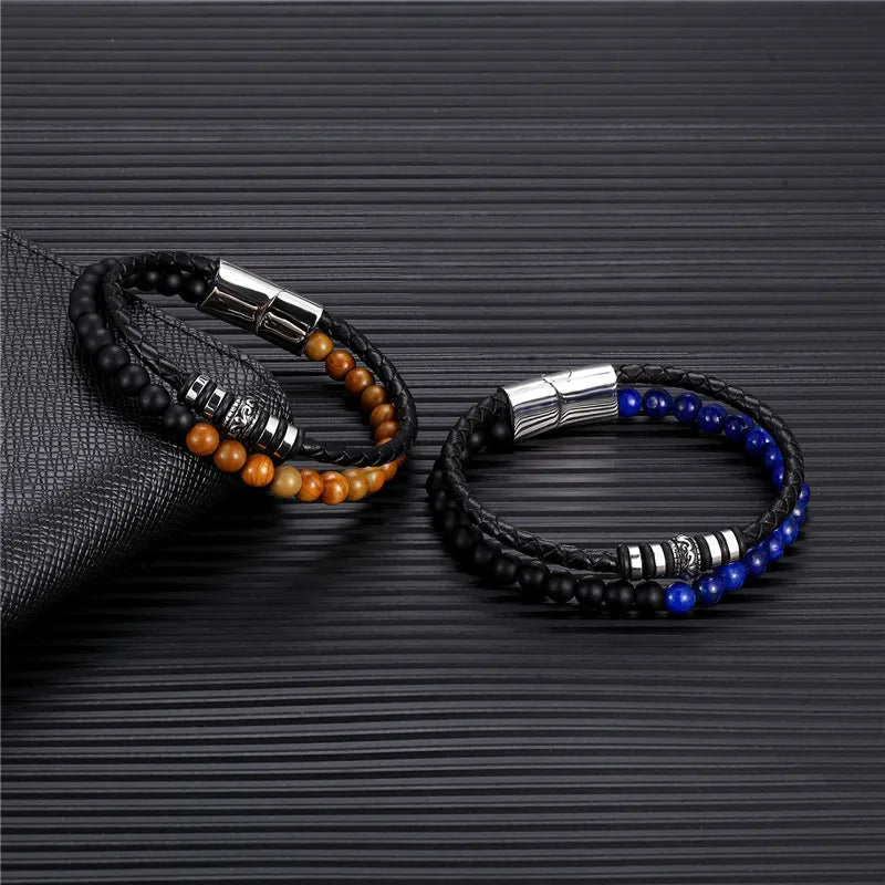 MKENDN Men Natural Stone Genuine Braided Leather Bracelet Stainless Steel Magnetic Clasp Iapis lazuli Bead Bracelet Jewelry