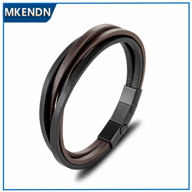 MKENDN New Fashion Leather Bracelet Black Coffee Multilayer Rope Chain Stainless Steel Magnet Men Women Jewelry Pulseras Gifts - Madeinsea©