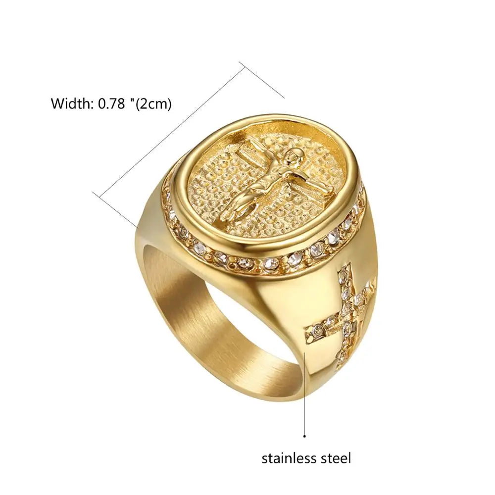 BONISKISS Jesus Kreuz Katholischen San Benito Ring Edelstahl Ringe Herren Religiöse Schmuck Männlichen Geschenk Party Schmuck Dropshipping