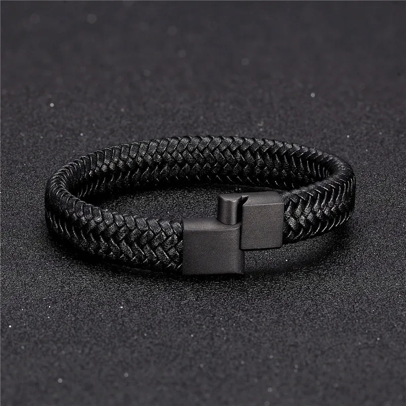 MKENDN Punk Men Leather Bracelet Black Stainless Steel Magnetic Clasp Braided Woven Bangle Pulseras lovers' gift - Madeinsea©